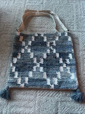 Lovestitch Woven Blue and Cream Tote Bag with Tassels